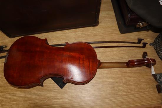 A French violin labelled J.B. Henry a Paris 1823 and two bows